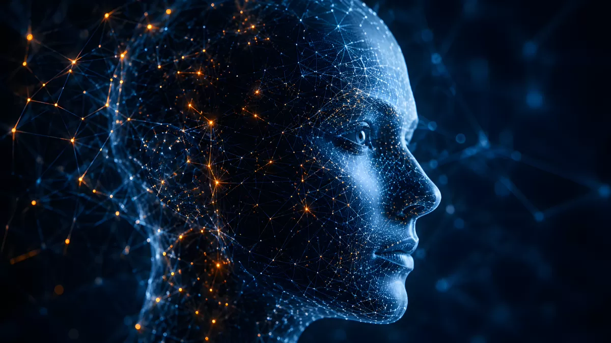 Digitales KI-Gesicht mit leuchtendem Netzwerk aus Punkten