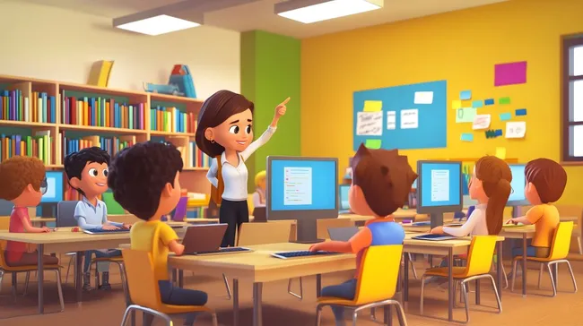 Digitales Klassenraumszenario mit Lehrerin