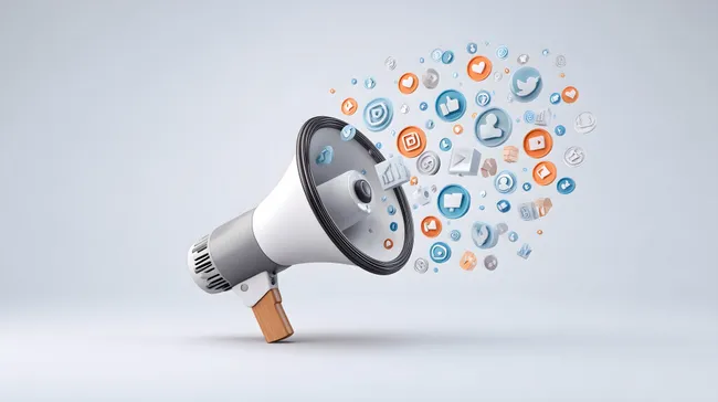 Digitales Megafon mit Social-Media-Symbolen