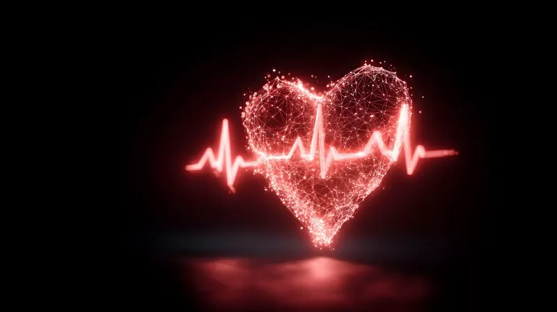 Digitales Netzherz mit EKG Linie auf dunklem Hintergrund