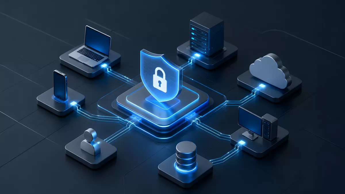 Digitales Netzwerk mit Schutzschild und Schloss