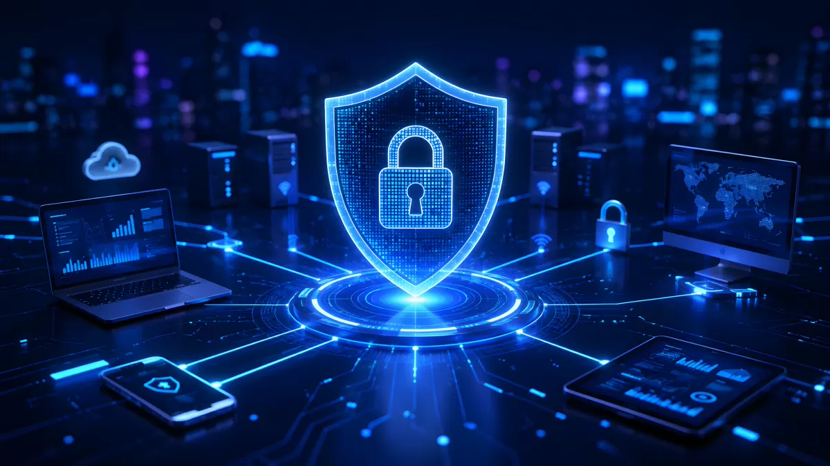 Digitales Schutzschild mit Schloss und vernetzten Geräten