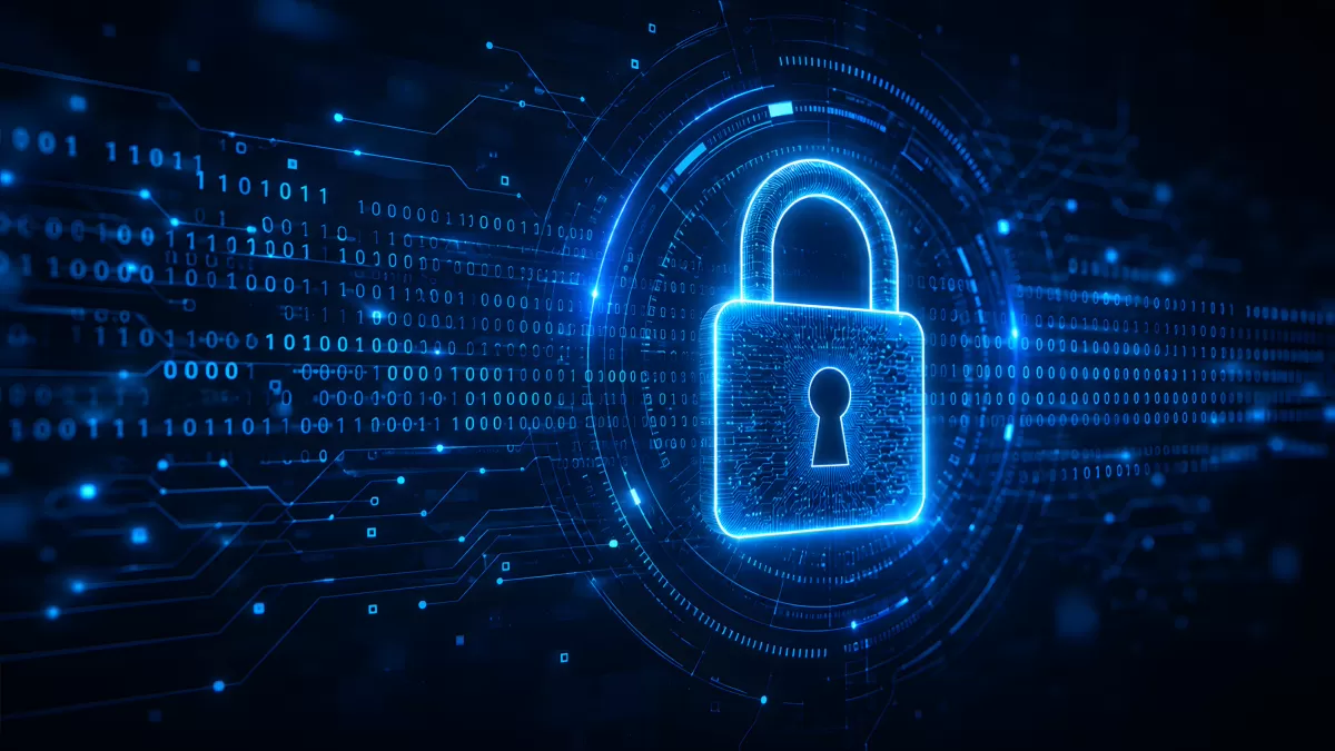 Digitales Vorhängeschloss mit Binärcode und Schaltkreisen