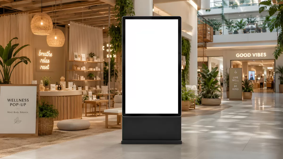 Digitales Werbedisplay in modernem Wellness-Einkaufszentrum