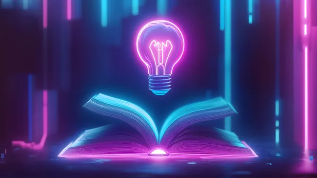 Digitales Wissens-Konzept mit offnem Buch und Glühbirne