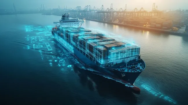 Digitalschiff: Futuristisches Containerschiff auf glitzernder See