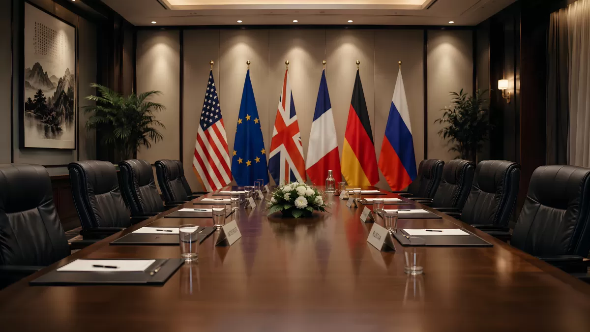 Diplomatischer Konferenzraum mit internationalen Flaggen