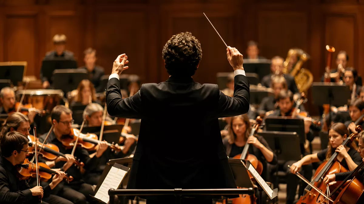 Dirigent leitet großes Sinfonieorchester im Konzertsaal