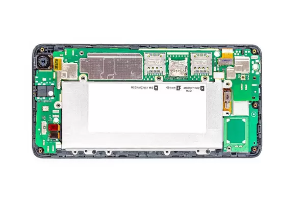 Disassembled phone components, top view (Flip 2020)