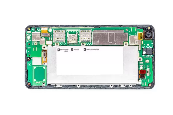 Disassembled phone components, top view