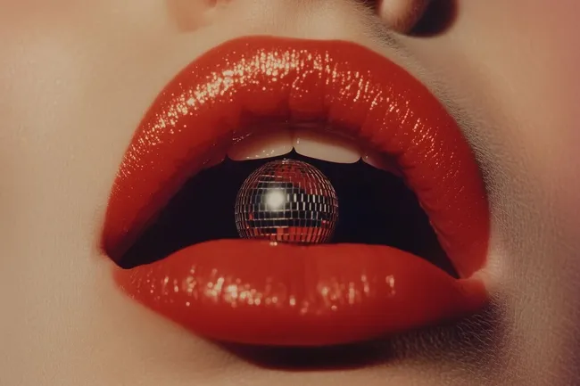 Diskokugel zwischen lachenden Lippen