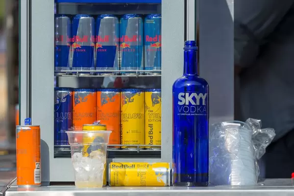 Display refrigerator with various Red Bull beverages