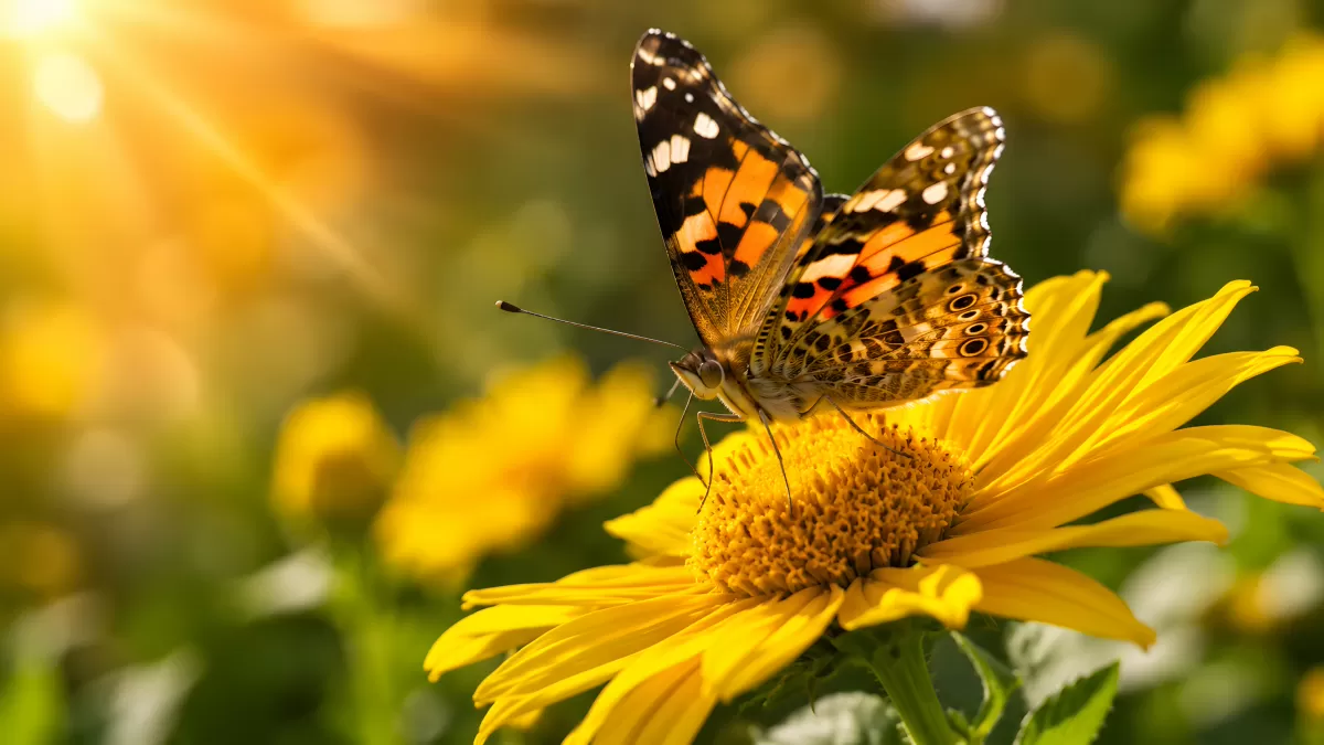 Distelfalter auf leuchtend gelber Blüte