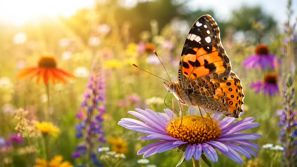 Distelfalter auf lila Aster im blühenden Sommerfeld — Bild kostenlos herunterladen
