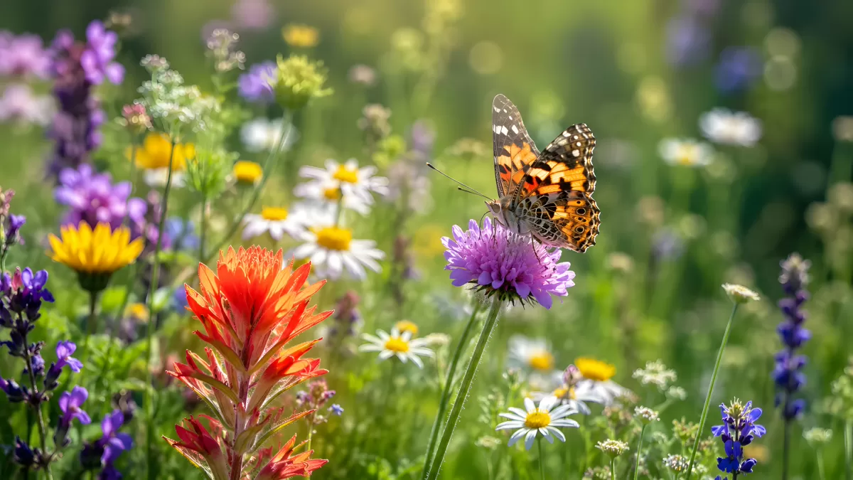 Distelfalter auf Wiesenblume im Blütenmeer