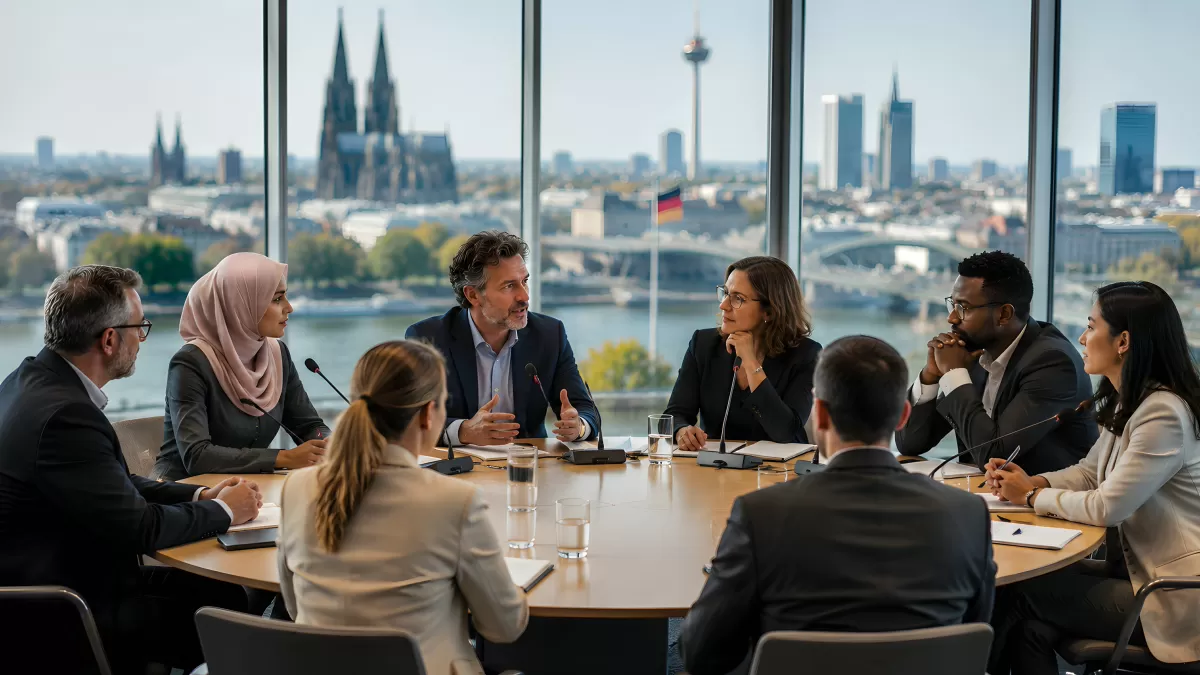 Diverse Geschäftsleute im Meeting mit Kölner Skyline
