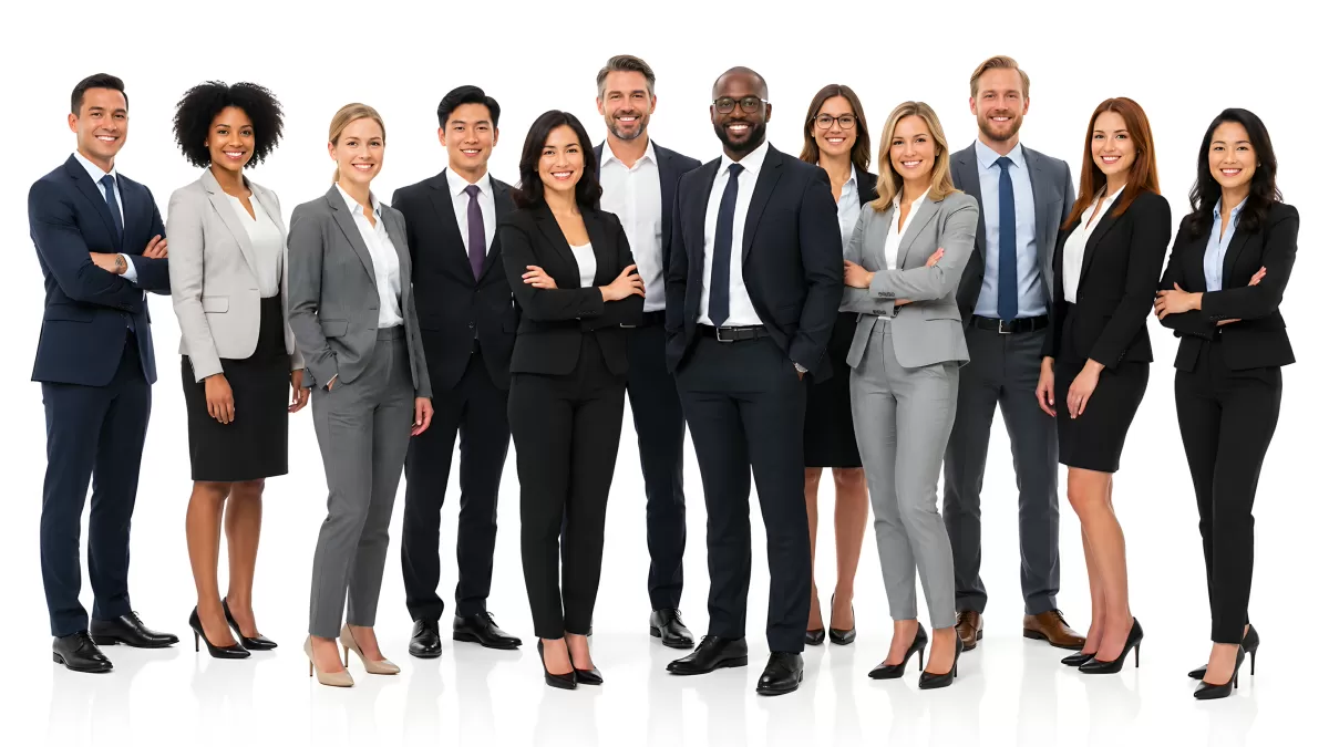 Diverse Geschäftsleute im Team vor weißem Hintergrund
