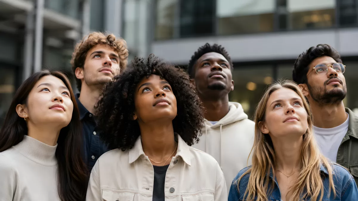 Diverse Gruppe junger Menschen schaut nach oben