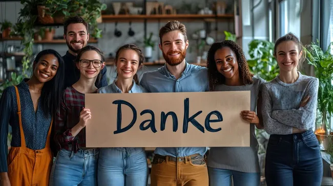 Diverse Gruppe mit Dankeschön-Schild im Büro-Ambiente
