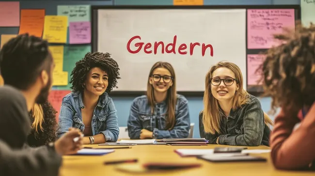 Diverse Gruppe von Studenten diskutiert über Gender-Themen