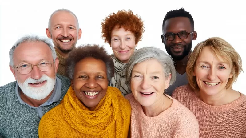 Diverse Menschen mit freundlichen Gesichtern vor weißem Hintergrund