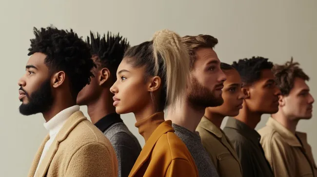 Diverse Personengruppe im Profil mit unterschiedlichen Frisuren