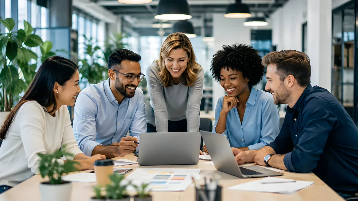 Diverse Teamarbeit im modernen Büro am Laptop