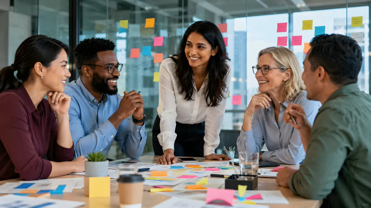 Diverse Teamrunde bei lebhafter Bürobesprechung