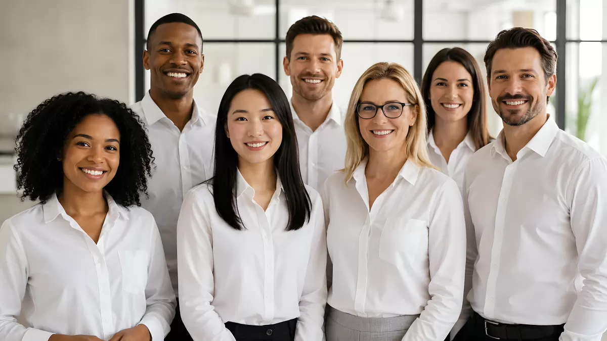 Diverses Businessteam in weißen Hemden lächelt