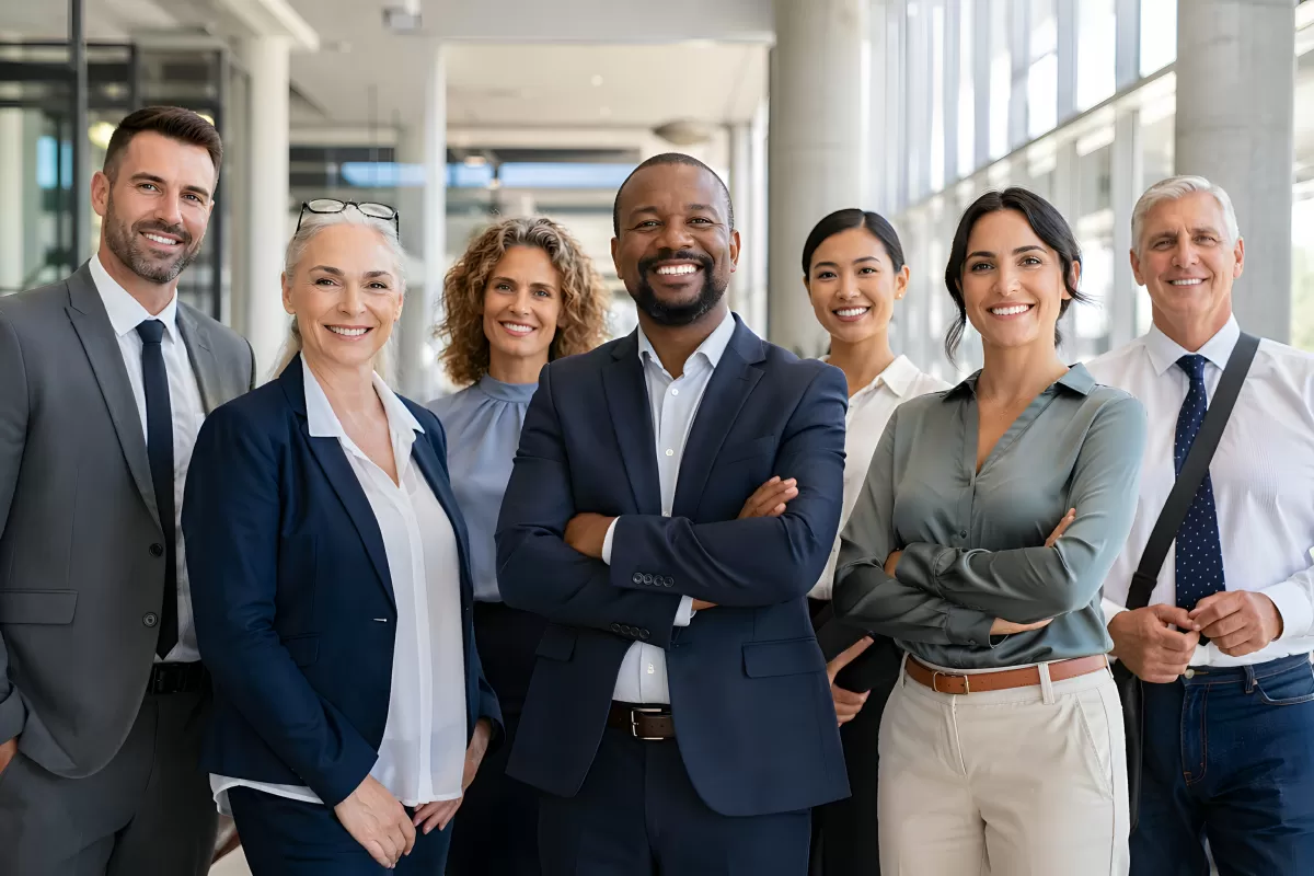 Diverses Geschäftsteam posiert selbstbewusst im Büro