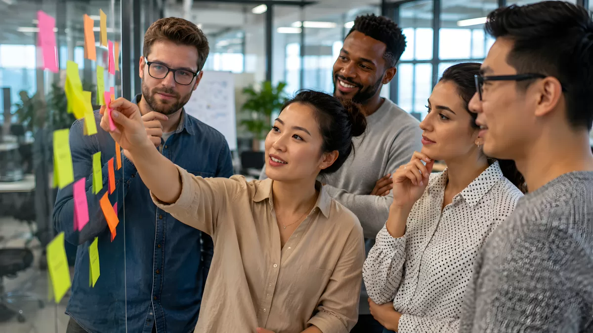 Diverses Team beim gemeinsamen Brainstorming im Büro