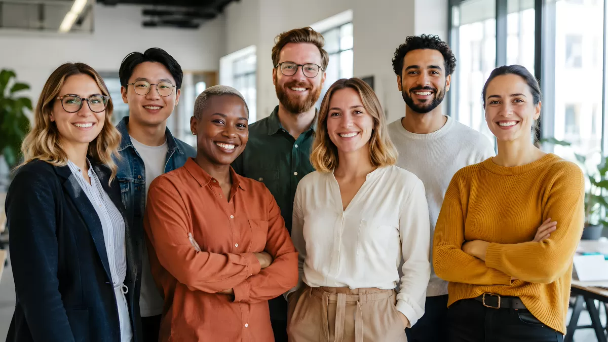 Diverses Team lächelt gemeinsam im modernen Büro