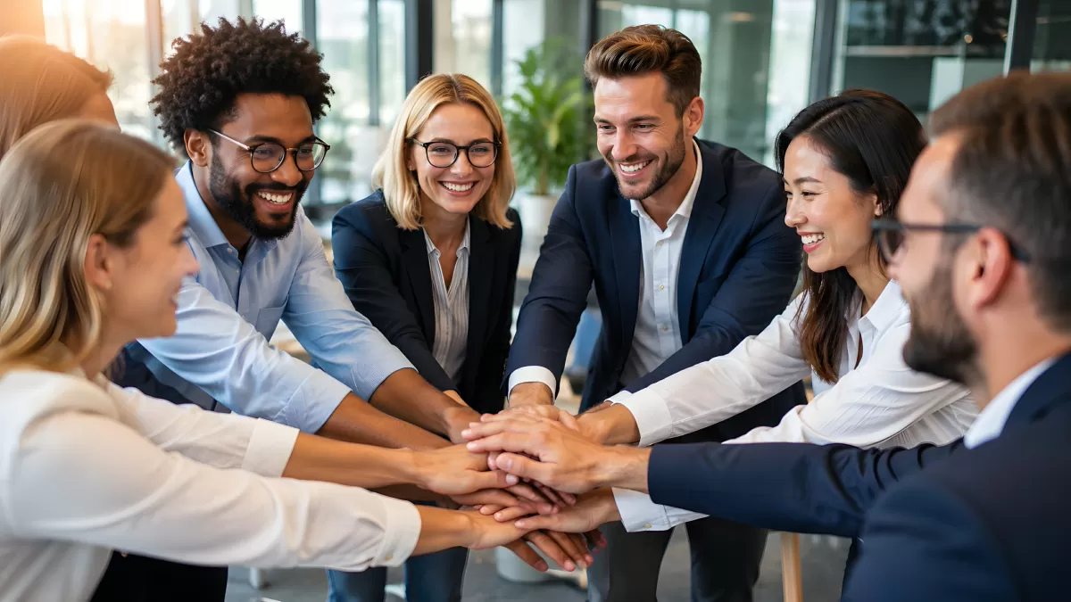 Diverses Team legt Hände zusammen im Büro