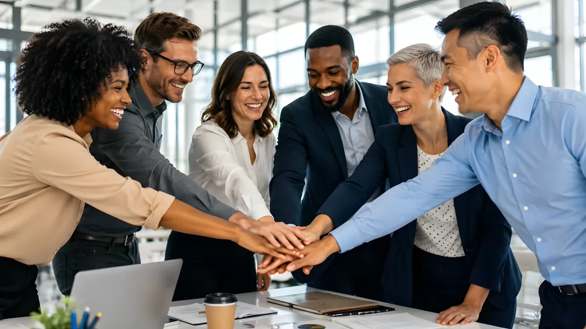 Diverses Team streckt Hände zusammen im Büro