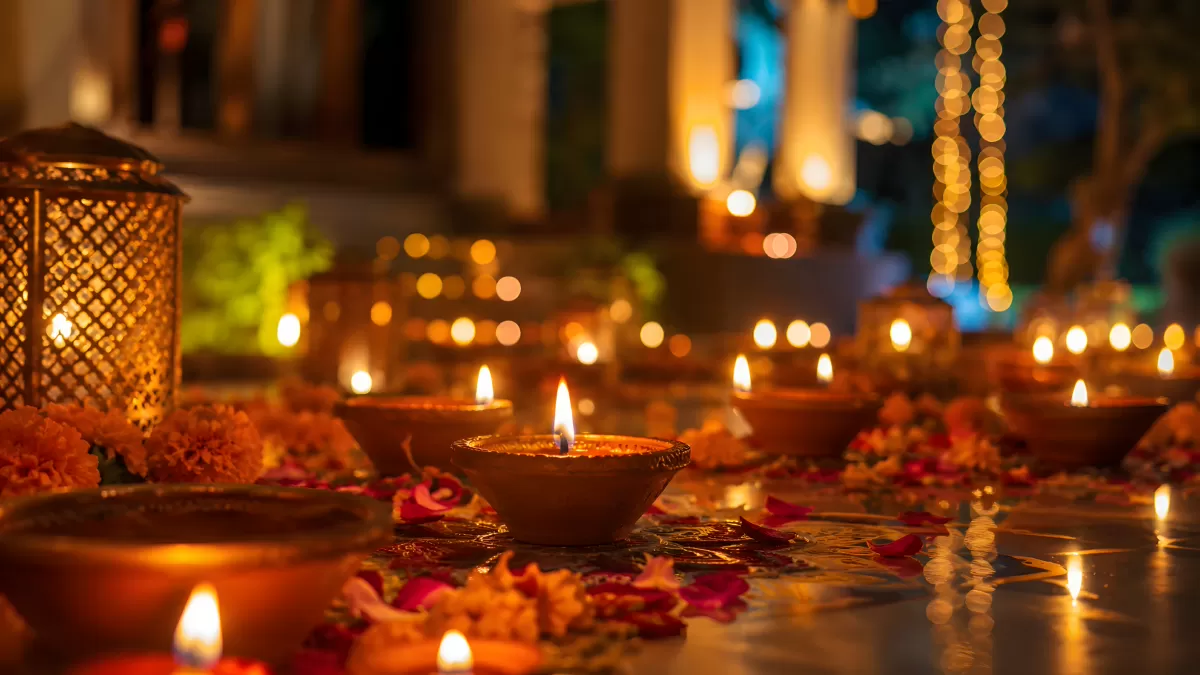 Diwali-Feier mit leuchtenden Diyas und Blütenblättern