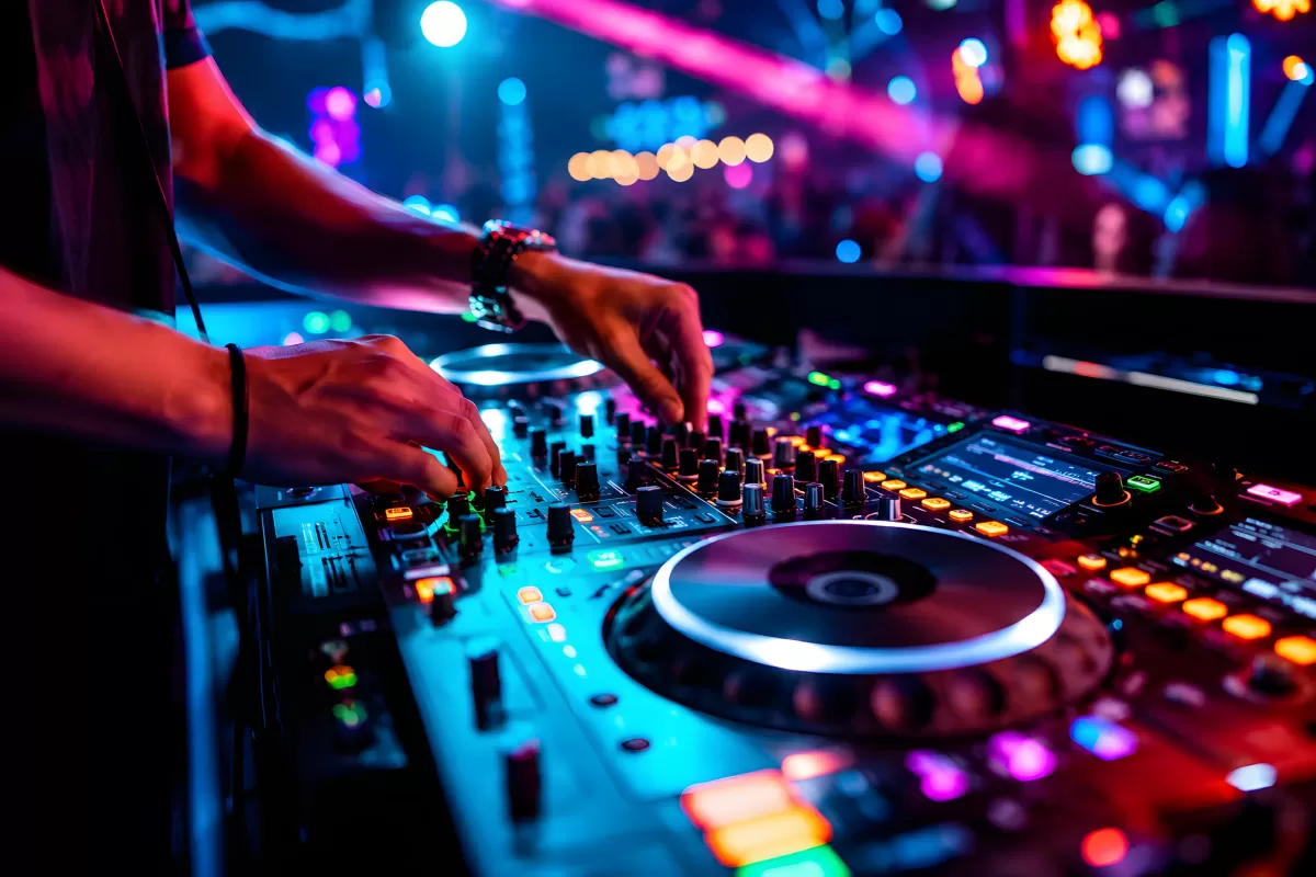 DJ an Mischpult mit bunten Lichtern im Nachtclub