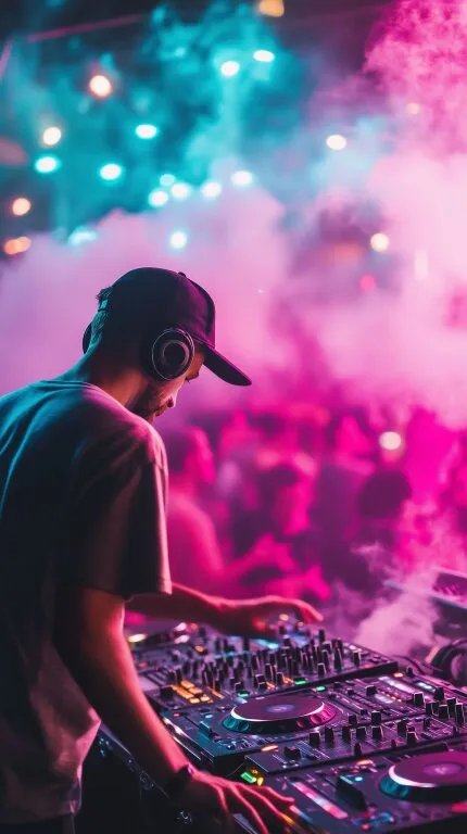 DJ beim Musikevent mit Kopfhörern und bunten Lichtern