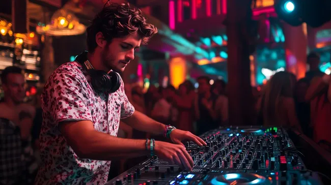 DJ Mischpult in lebhaftem Nachtclub-Ambiente