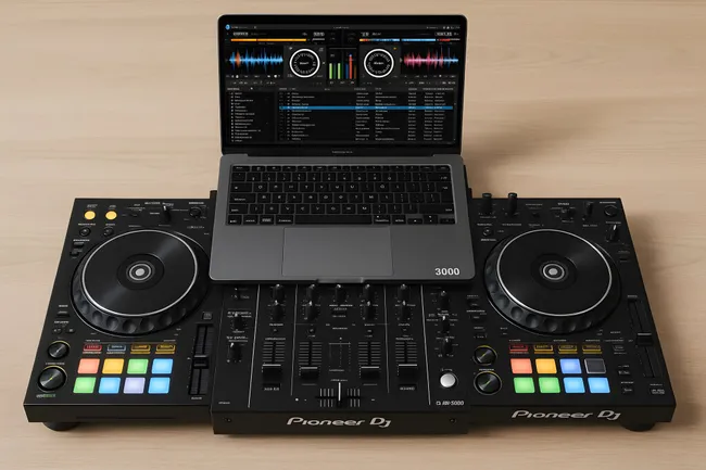 DJ-Mischpult mit Laptop und bunten Pads auf Holztisch