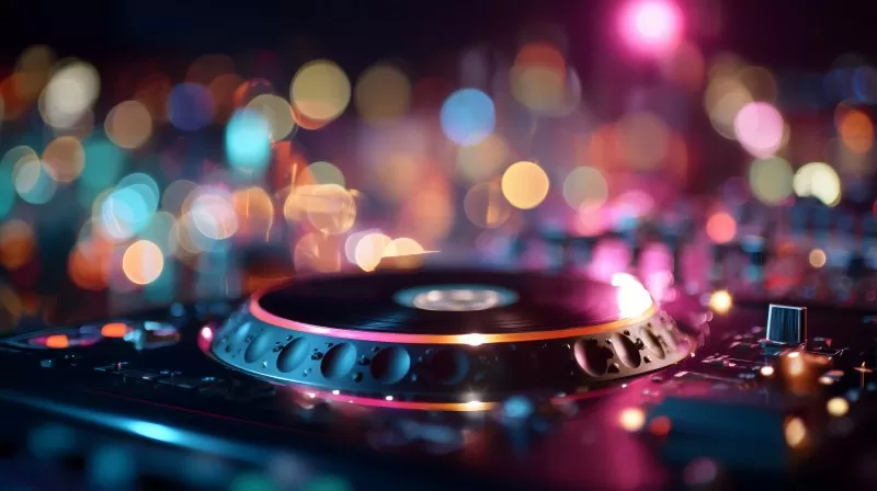 DJ Turntable mit bunter Lichtkulisse in der Nacht