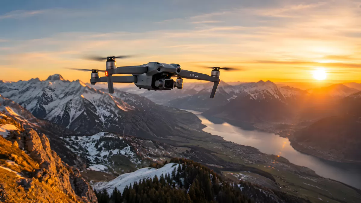 DJI Air 2S Drohne fliegt über Alpenpanorama bei Sonnenuntergang