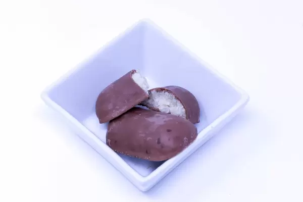 DM Bio-Vollmilch-Schokoladen-Kokosriegel in quadratischer Schale auf weißem Hintergrund