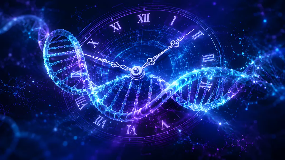 DNA-Doppelhelix mit Uhr in blauem Lichtglanz