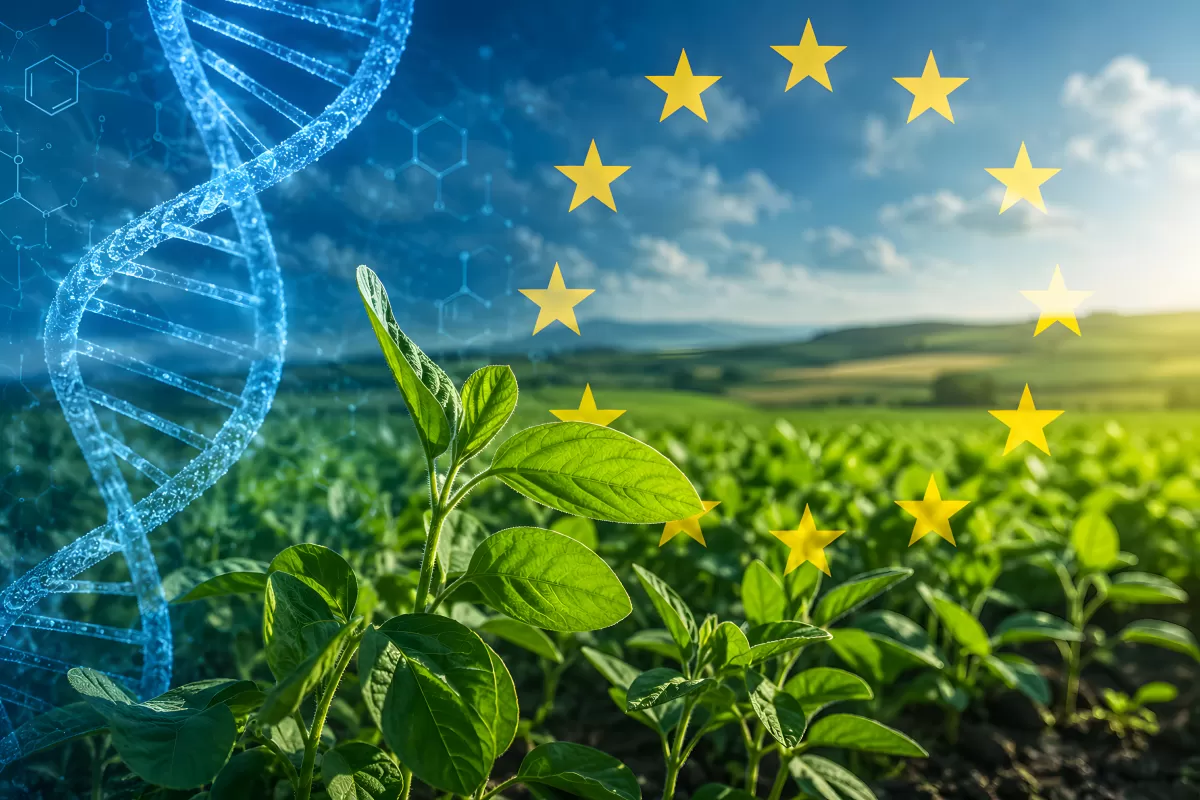DNA-Helix mit EU-Sternen über grünem Pflanzenfeld