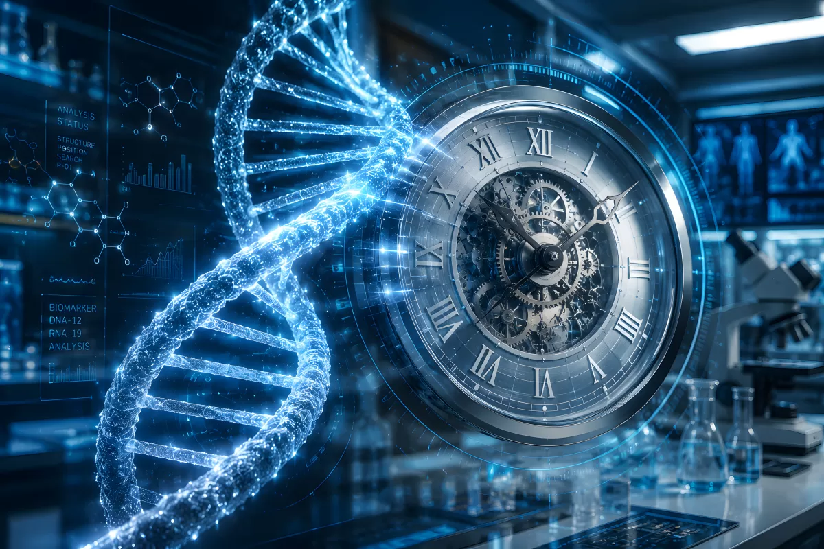 DNA-Helix mit Uhrwerk im futuristischen Labor
