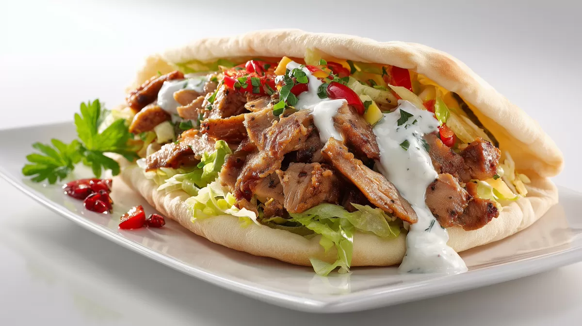 Dner mit Schinken im Fladenbrot mit Joghurtsauce