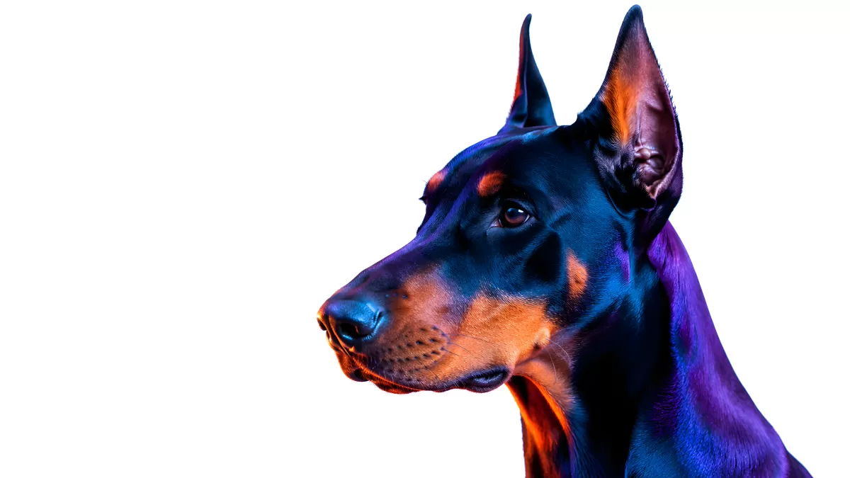 Dobermann Portrait mit dramatischer Neonbeleuchtung