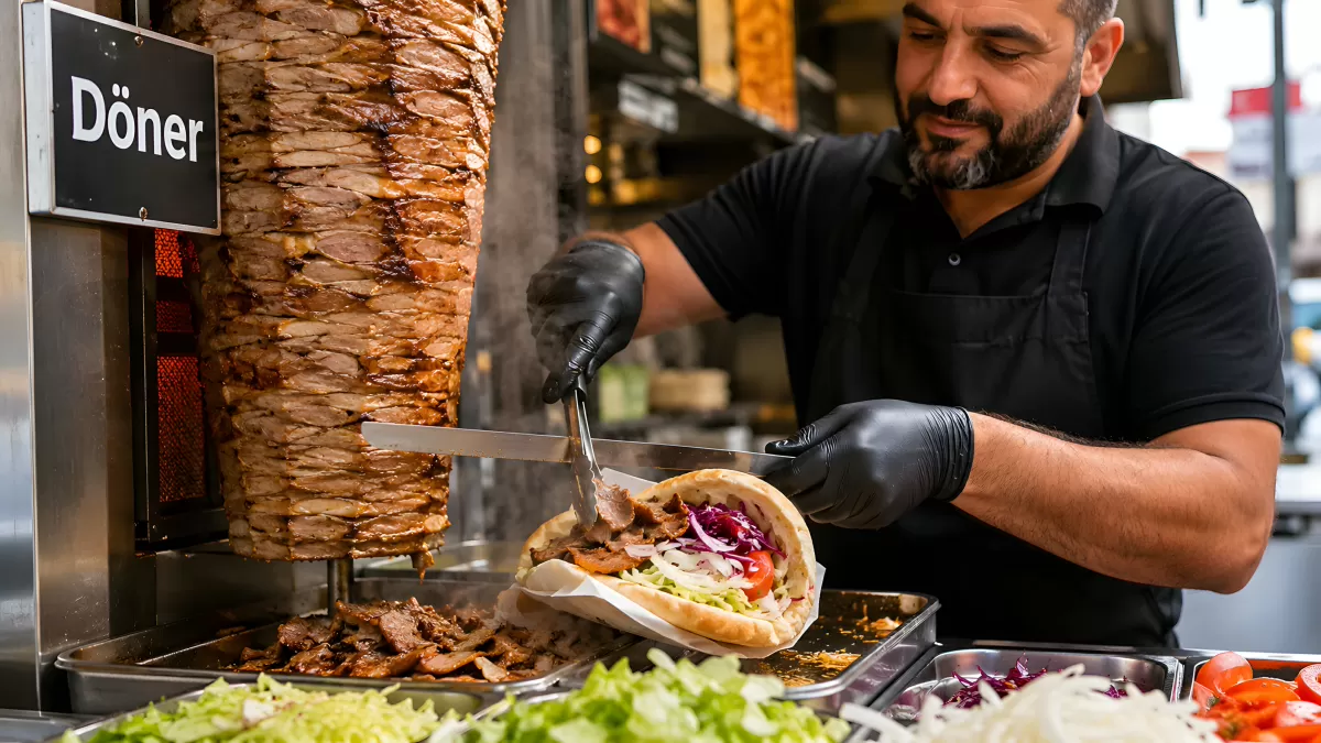 Döner-Kebab-Verkäufer schneidet Fleisch vom Spieß