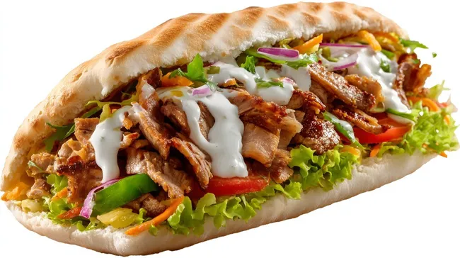 Dönertasche mit knusprigem Fleisch und frischem Salat