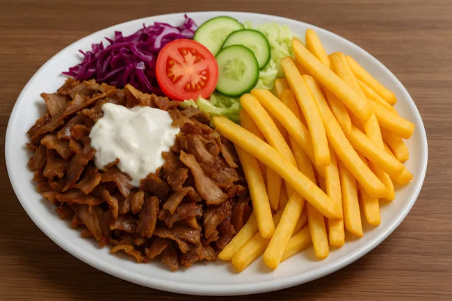 Dönerteller mit Pommes, Salat und Tzatziki